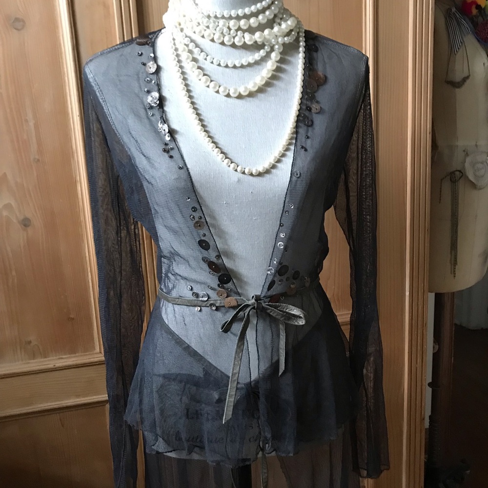 Rozae Nichols charcoal sheer sequin skirt & top.